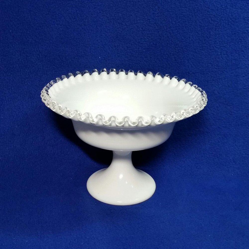 Vintage Fenton Silver Crest Milk Glass Ruffled Edge Compote Footed Pedestal Bowl